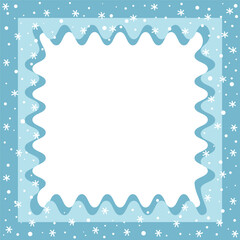 Christmas Square Frame. Winter Border. Snowflakes, Waves in Modern Style. Trendy Design. Free Space for Your Text.Holiday Greeting Card, Banner, Invitation Template. Vector Illustration in Blue, White