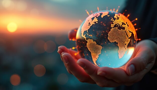 Hand holding illuminated digital globe against sunset. Global tech, connections, worldwide communication in modern era, smart city integration. Visualizes digital world, network, future, internet,