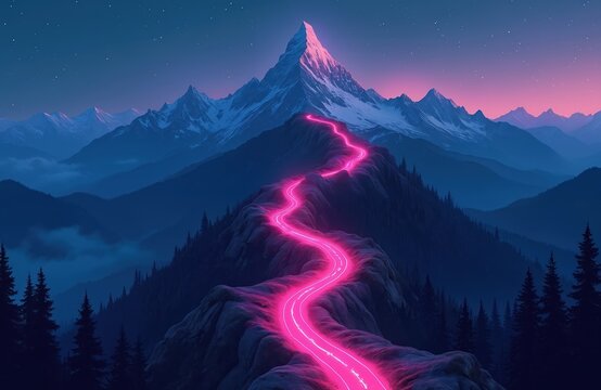 Illustration shows neon lights on mountain with winding futuristic path. Cyberpunk, synthwave landscape. Blue, pink colors dominate design. Perfect for backgrounds, travel concepts, adventure,