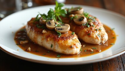 Delicious chicken marsala meal on white plate. Chicken breast with creamy sauce, mushroom garnish, parsley. Italian cuisine classic, perfect dinner lunch dish at restaurant.