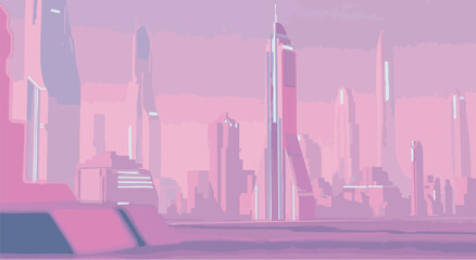 Retro‑futuristic city skyline in pastel gradients with sleek geometric shapes and subtle metallic art deco accents