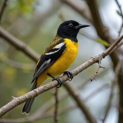Fototapeta premium Regent Honeyeater bird Anthochaera phrygia perched on a branch. Rare Australian avian species with black, yellow feathers. Endangered wildlife, conservation focus.