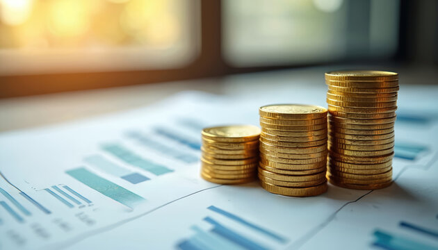 Stacks gold coins on financial reports with charts. Tax incentive concept. Business success, financial growth, investment strategy. Currency, market, economic growth, planning, profit, savings.