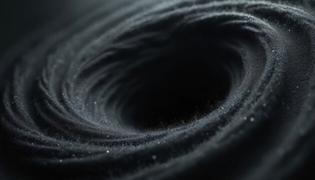 Illustration black hole space void. Futuristic abstract design, spiral wave pattern texture. Dark, monochrome art. Fractal lines, modern digital wallpaper background. Science fiction, gravity