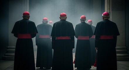 Mysterious Group of Catholic Cardinals in Red Birettas Standing in a Dimly Lit Cathedral – Religious Ceremony or Conclave Concept
