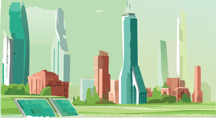 city skyline in pastel gradients with sleek geometric shapes and subtle metallic art deco accents