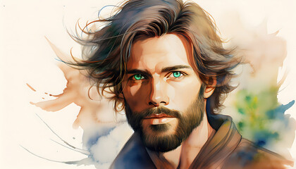 A handsome young adult man with a beard and striking green eyes looks directly at the viewer, his expression thoughtful, with a painterly background