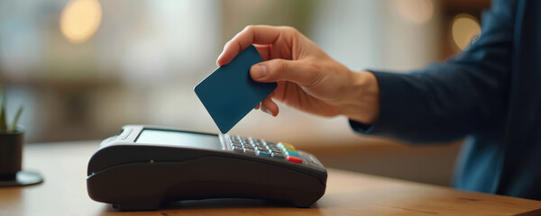 Hand holds credit card over payment terminal. Contactless payment technology, modern banking finance. Transaction processing retail sale. Banking industry contactless payment with card reader.