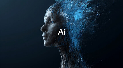 Ai, technology background, robotic head and text "AI"