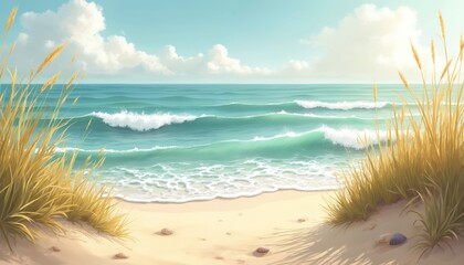 Gentle ocean waves with soft white foam caress sandy shore. Golden beach grass under bright sky fluffy clouds create serene coastal scene. Illustration of summer vacation, travel, recreation.