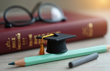 Miniature graduation cap rests on pencil. Holy bible book, glasses blurred background. Educational concept, academic success, spiritual learning, knowledge and faith. Christian religion studies.