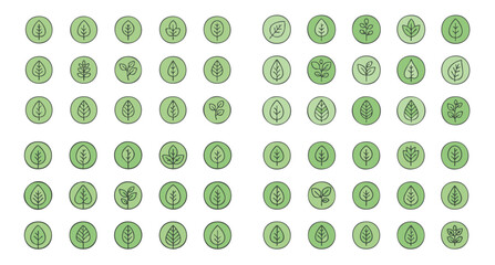  large set of hand-drawn ecological icons in shades of green. The circular symbols depict plants, trees, leaves, and sustainability concepts. 