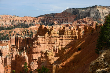 Sedimentary rock eroded into beautiful orange hoodoos in late afternoon sunlight, summer vacation exploring in Bryce Canyon National Park, Utah

