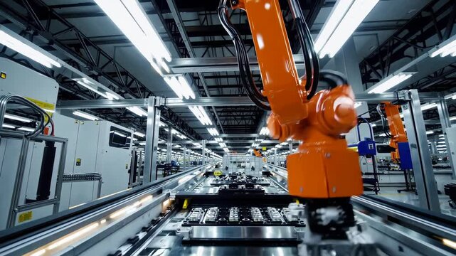 Robotic arm manufacturing Electric vehicle battery at a giga factory