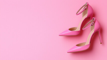 Close-up of elegant high heels from a top view, isolated on a soft pink backdrop with copy space for fashion mockups.

