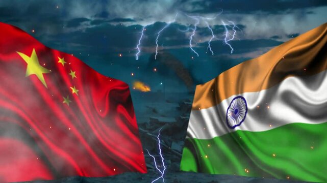 4k conflict or war between China vs India Bharat, 3D flag waving loop animation on Burning Red Hot Sparks, Fire Glowing Particles on Smoky blue Background, Disaster, nuclear war in two countries