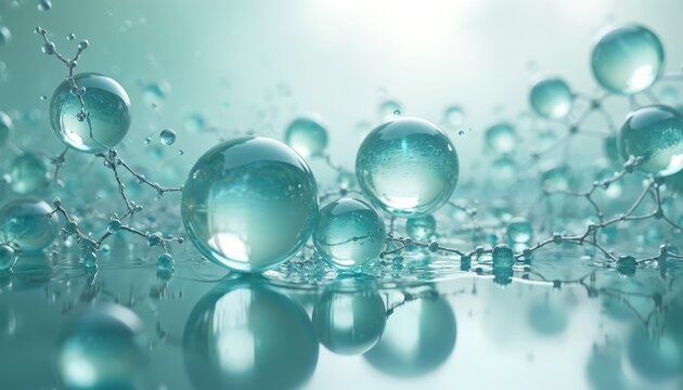 Futuristic artwork featuring water molecules droplets with transparent fluid spheres, molecular structure. Scientific illustration, biology, technology, abstract design, ideal for use as background