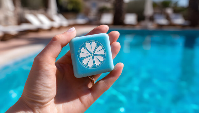 A womans hand holds a blue soap bar near a sparkling pool