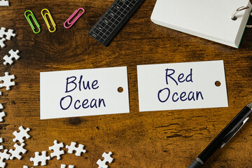 There is word card with the word Blue Ocean or Red Ocean. It is as an eye-catching image.