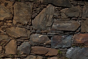 A wall made of stone with a green plant growing out of it
