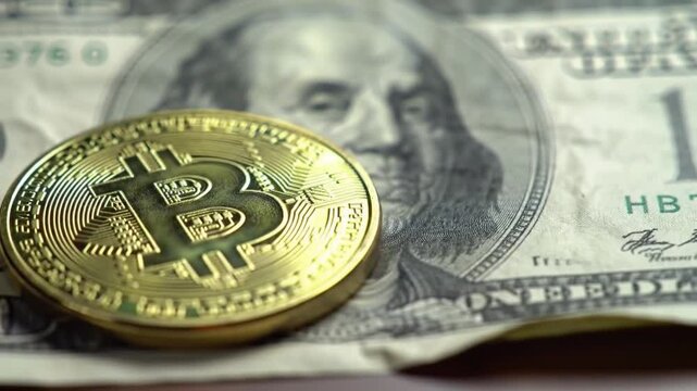 Bitcoin and Traditional Currency Contrast. Show a visual comparison between physical Bitcoin coins and traditional fiat currency notes, symbolizing the shift from conventional money to digital assets.