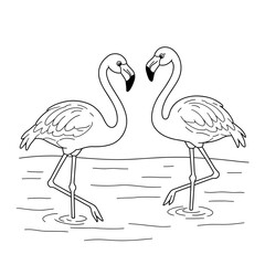 Two elegant flamingos face each other in shallow water, each standing gracefully on one leg with curved necks and delicate posture.