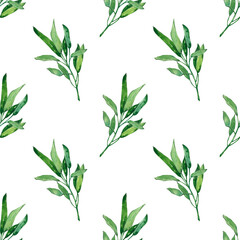 Fototapeta premium A seamless pattern of green leaves on a white background. The leaves are various shades of green, showcasing a natural and fresh design.