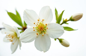 Obraz premium Close-up photo citrus tree blossom on white background. White orange flower with yellow stamens, buds and green leaves. Springtime floral macro. Nature blooming concept.