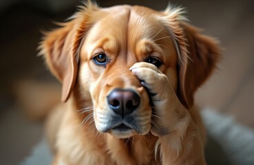 Funny Golden Retriever dog makes facepalm gesture with paw. Pet has surprised, frustrated, puzzled, confused expression. Comic humorous emotional moment. Cute adorable animal. Portrait indoors.