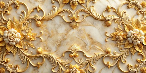 Luxurious marble surface adorned with embossed floral patterns in golden hues, ornate, golden,  ornate