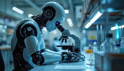 Futuristic robot scientist examines sample through microscope in lab. High-tech AI machine working in medical research. Automated machine analyzes biological materials in laboratory. Advanced tech.