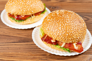 angle view chicken hamburgers at horizontal composition