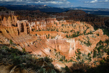 Natural geologic marvel of erosion on rocks to create beautiful hoodoos in an amphitheater, summer vacation exploring in Bryce Canyon National Park, Utah
