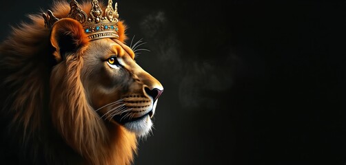 Majestic lion portrait wearing golden ornate crown on dark background. Regal animal king side profile symbolizes strength power royalty pride. Perfect for design projects posters prints.