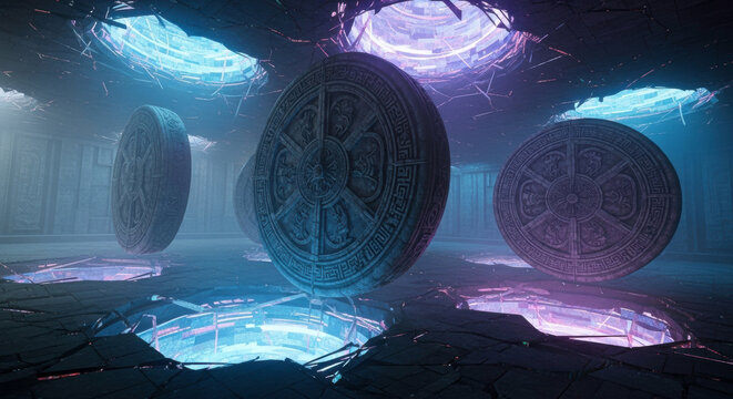 Ancient stone discs floating in futuristic sci fi temple with neon lights and glowing portals scene - Powered by Adobe