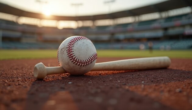 Baseball and bat lie on infield. Baseball stadium in background. Game sport activity concept. Baseball ball and bat rest in the center of the frame. Focus on game equipment. Baseball sport concept. - Powered by Adobe