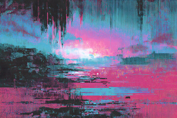 Abstract digital glitch art with vibrant pink and blue colors. Modern tech background concept for data disruption.