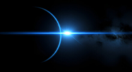 Abstract blue planet with a vibrant light streak across a dark background