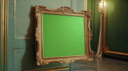Ornate gold frame with green screen in a luxurious interior. - Powered by Adobe