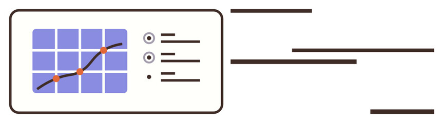 Line graph tracking metrics on grid, analytics options with checkboxes and dots, horizontal dynamic lines. Ideal for analytics, progress, reporting, strategy, performance, planning business simple