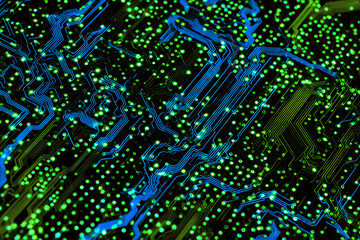 Obraz premium Microprocessor electronic circuit board. Modern computer processor technology with shining components. Digital data processing concept.
