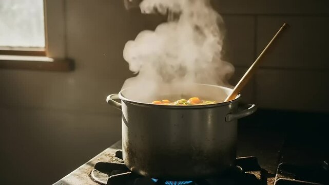 A steaming pot of colorful vegetables simmering on a gas stove in a cozy kitchen setting