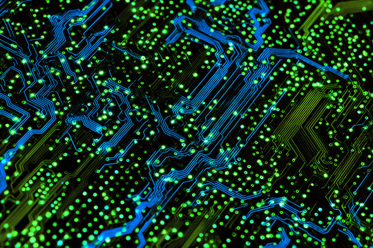 Microprocessor electronic circuit board. Modern computer processor technology with shining components. Digital data processing concept.