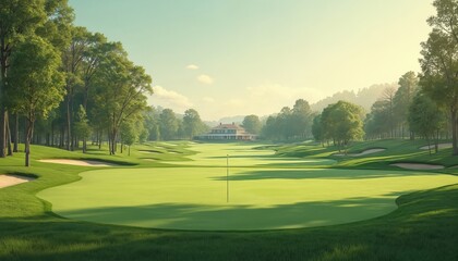 Golf course, a vintage scene with green grass, trees, serene atmosphere. Fairway, putting green with flag, landscape. Sunny day, recreation, sport. Golf club house in distance.