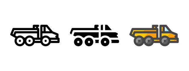 Multipurpose articulated hauler vector icon in outline, glyph, filled outline style. Three icon style variants in one pack.