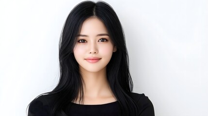 Portrait of a young Asian woman with long black hair, wearing a black top, smiling softly against a white background
