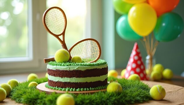 Tennis birthday cake with rackets, balls, green grass decor. Colorful balloons, party hat, blurred background. Wooden table. Birthday celebration in sport style. Festive mood. - Powered by Adobe