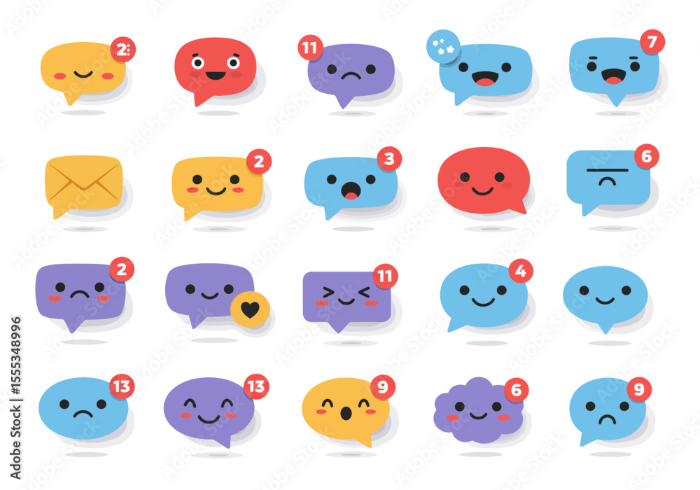 Poster a collection of cartoon speech bubbles in various colors with different expressions and notification