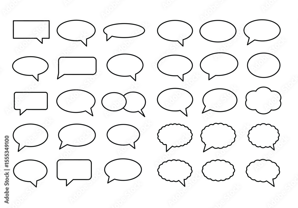 Poster array of blackoutlined speech bubbles in varied shapes against a white background arranged in rows