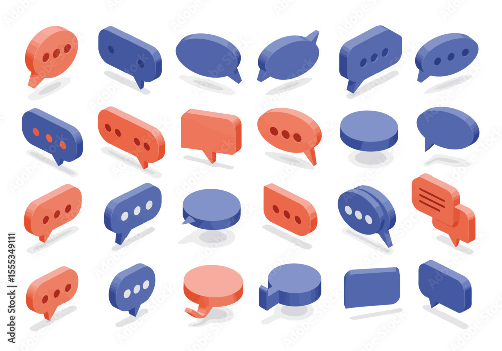 Fototapete array of isometric chat bubbles some blue others orange arranged on a white background with soft sha